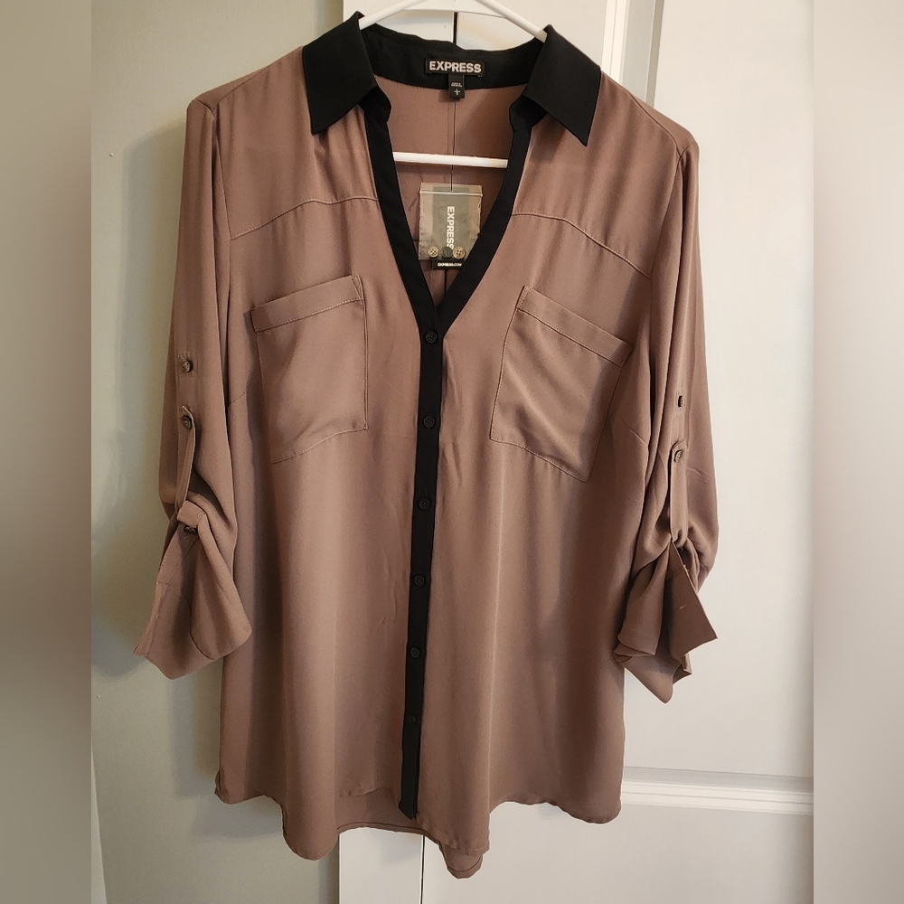 Express Portofino Roll Tab Sleeve Dark Gray Blouse.